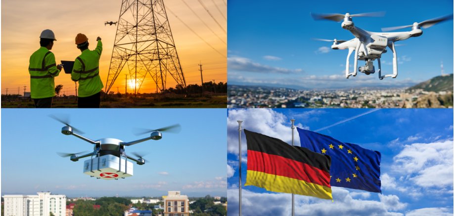 Das Bild besteht aus 4 gleich großen Einzelbildern: Oben links: Eine Drohne fliegt in der Nähe von Stromleitungen. Im Vordergrund stehen zwei Personen mit Helm und einem Tablet in der Hand. Eine Person zeigt auf die Drohne. Oben rechts: eine Drohne in Nahaufnahme fliegt über ein Stadtgebiet. Unten Links: Eine Drohne hält einen medizinischen Koffer und fliegt über ein Stadtgebiet. Unten rechts: Die Deutschlandflagge und die EU-Flagge wehen in der Luft.