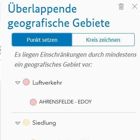 Ergebnisansicht nach Setzen eines Punktes, welches die zum ausgewählten Punkt überlappenden geografischen Gebiete enthält.