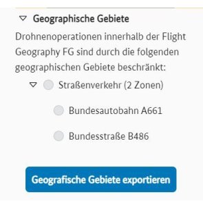 Auflistung betroffener geografischer Gebiete mit aktivem Schalter "Geografische Gebiete exportieren"