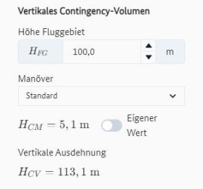 Eingabemöglichkeiten zur Berechnung des vertikalen Contingency-Volumens sowie die Ausgabe der berechneten Werte. Z. B.: Eingabe der Flughöhe, die Eingabe eines eigenen Wertes für das Contingency-Manöver oder auch die Bestimmung des Manövers.