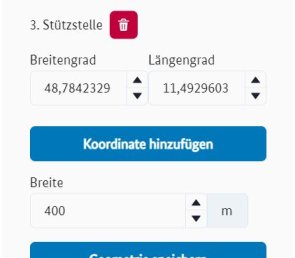 Ausschnitt des Volumenplanners im Menü "Geometrie". Dargestellt werden, ein Koordinateneingabefeld  "Stützstelle" mit Lösch-Schalter (Mülleimersymbol), der Schalter "Koordinate hinzufügen" und das Eingabefeld "Breite" für den Geometrietyp "Korridor"